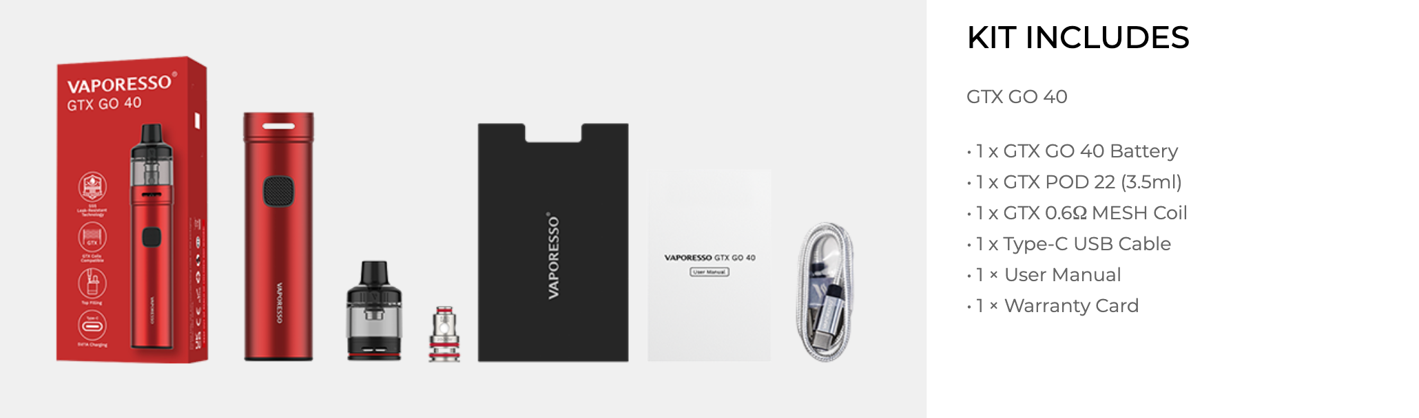 Vaporesso GTX GO 40 Kırmızı Pod Mod Kit İçeriği ve Aksesuarları